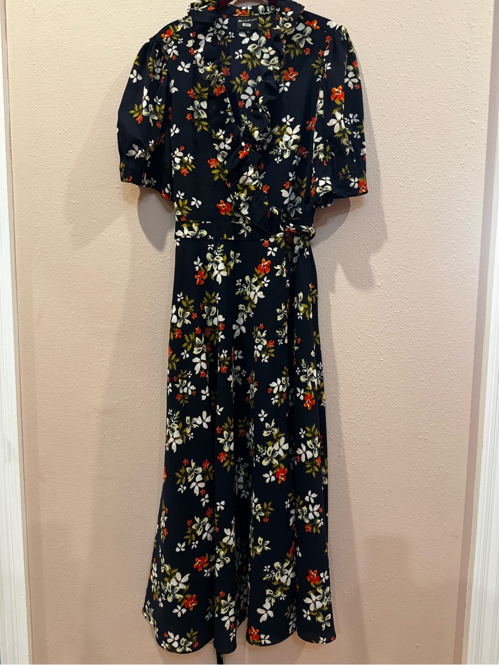 Jill Stuart Navy Floral Wrap Maxi Dress with Ruffle Collar - Picture 2 of 6